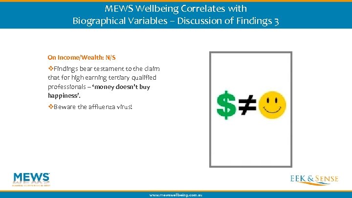 MEWS Wellbeing Correlates with Biographical Variables – Discussion of Findings 3 On Income/Wealth: N/S