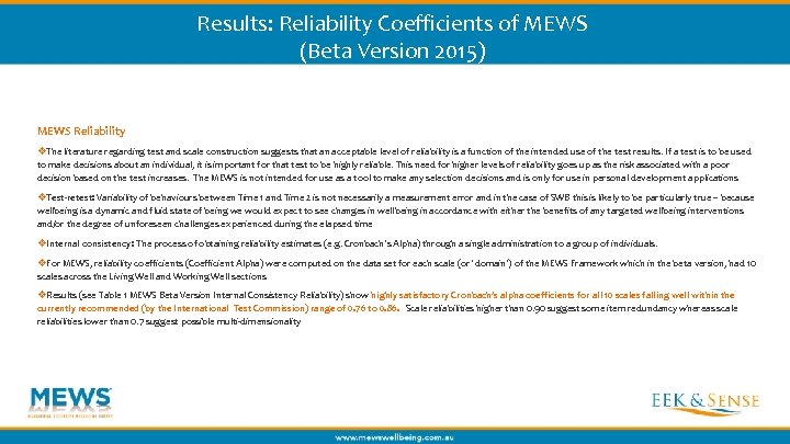 Results: Reliability Coefficients of MEWS (Beta Version 2015) MEWS Reliability v. The literature regarding