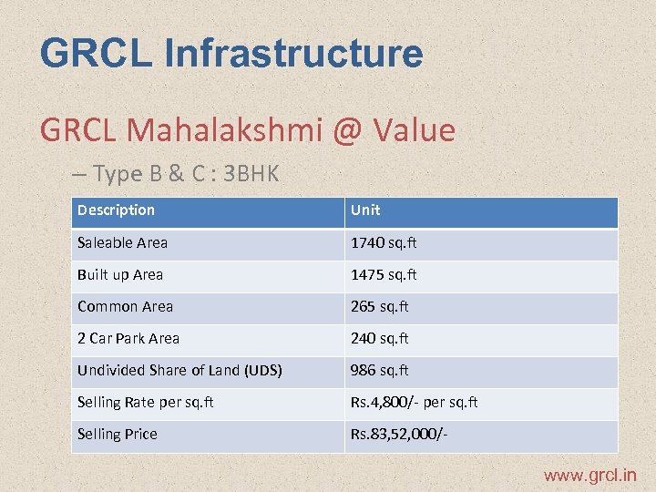 GRCL Infrastructure GRCL Mahalakshmi @ Value – Type B & C : 3 BHK