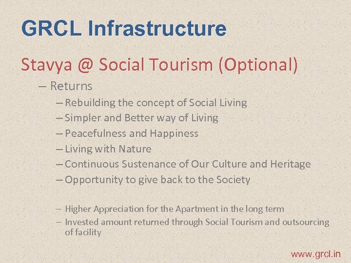 GRCL Infrastructure Stavya @ Social Tourism (Optional) – Returns – Rebuilding the concept of