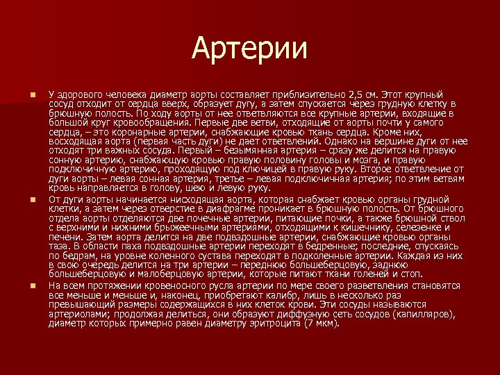 Артерии n n n У здорового человека диаметр аорты составляет приблизительно 2, 5 см.