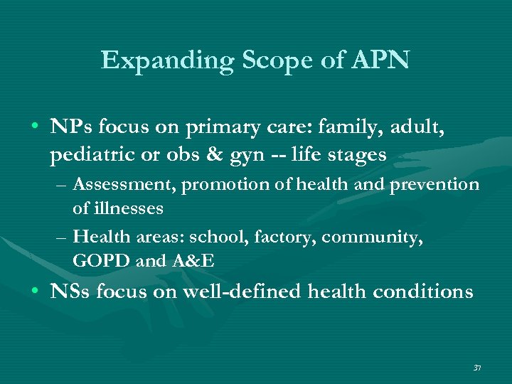 Expanding Scope of APN • NPs focus on primary care: family, adult, pediatric or