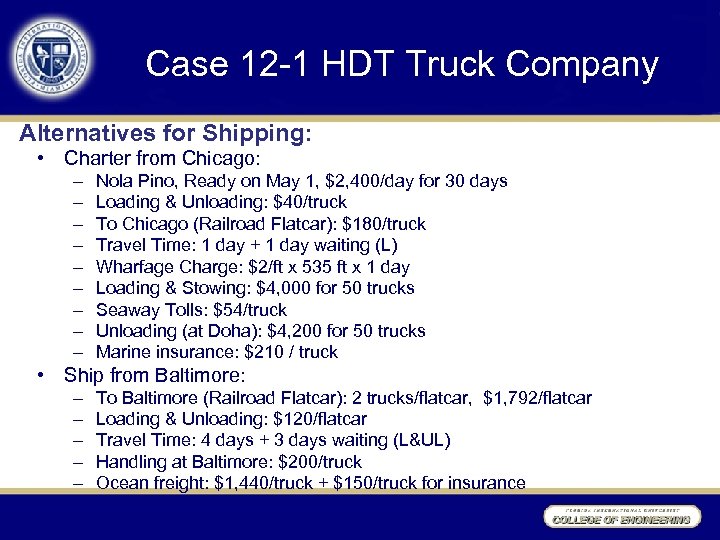 Case 12 -1 HDT Truck Company Alternatives for Shipping: • Charter from Chicago: –