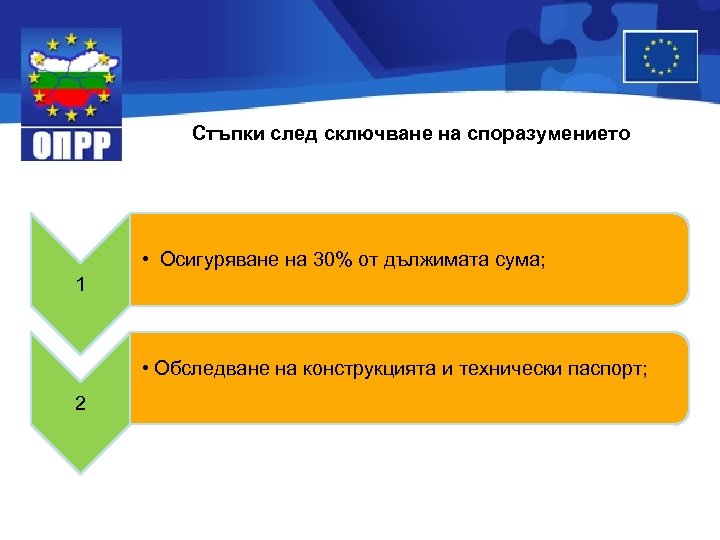 Стъпки след сключване на споразумението • Осигуряване на 30% от дължимата сума; 1 •