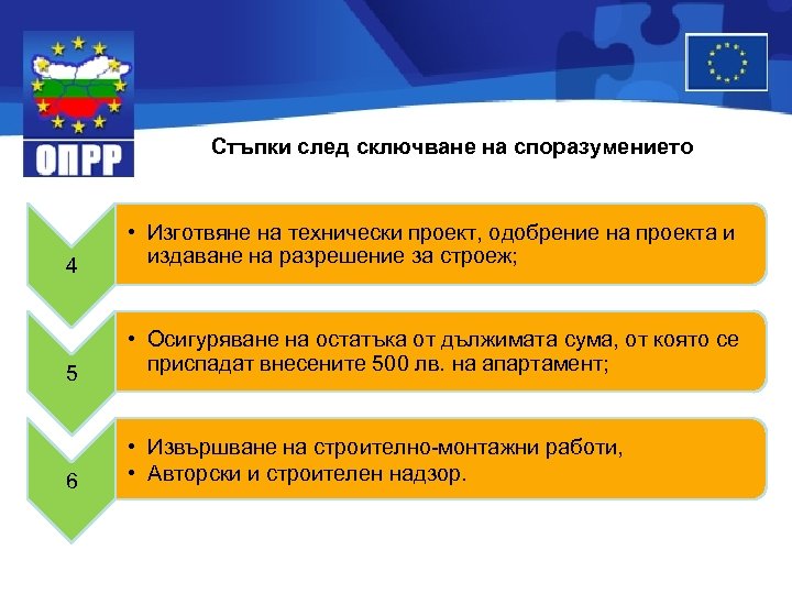 Стъпки след сключване на споразумението 4 • Изготвяне на технически проект, одобрение на проекта