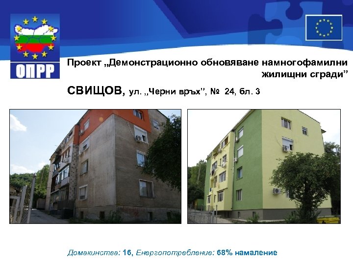 Проект „Демонстрационно обновяване намногофамилни жилищни сгради” СВИЩОВ, ул. „Черни връх”, № 24, бл. 3