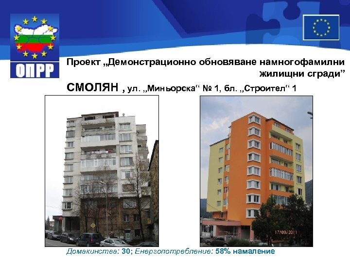 Проект „Демонстрационно обновяване намногофамилни жилищни сгради” СМОЛЯН , ул. „Миньорска“ № 1, бл. „Строител“