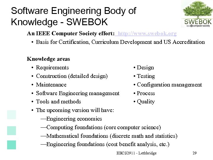 Software Engineering Body of Knowledge - SWEBOK An IEEE Computer Society effort: http: //www.