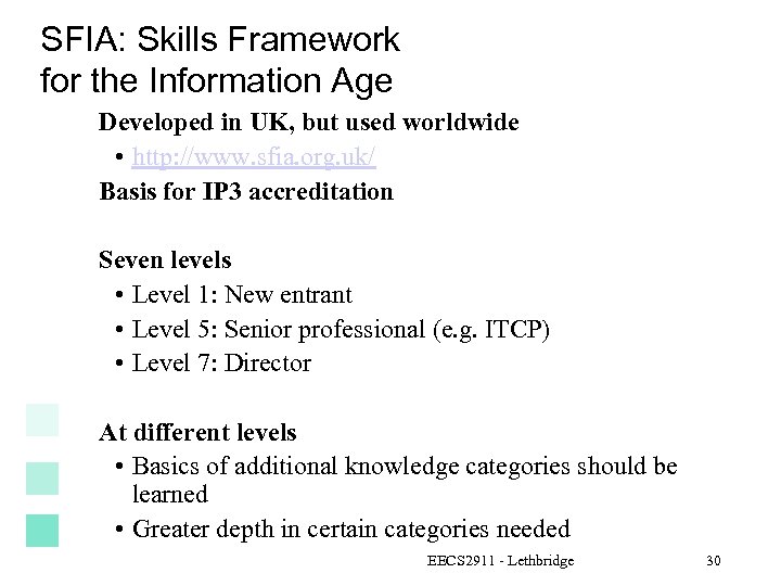 SFIA: Skills Framework for the Information Age Developed in UK, but used worldwide •
