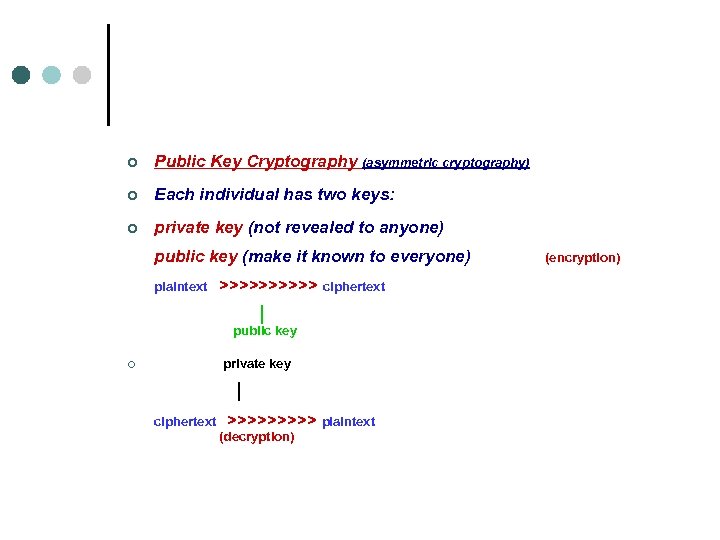 ¢ Public Key Cryptography (asymmetric cryptography) ¢ Each individual has two keys: ¢ private