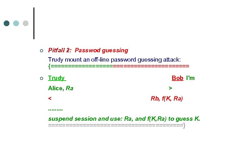 ¢ Pitfall 2: Passwod guessing Trudy mount an off-line password guessing attack: {==================== ¢