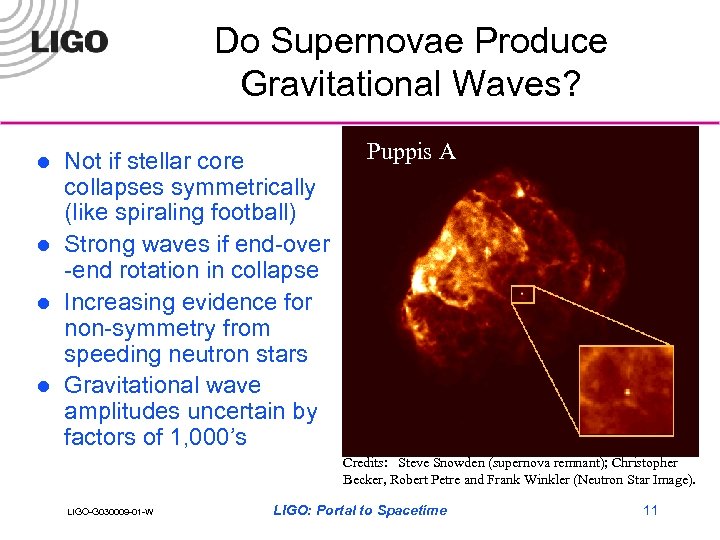 Do Supernovae Produce Gravitational Waves? l l Not if stellar core collapses symmetrically (like