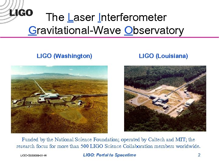 The Laser Interferometer Gravitational-Wave Observatory LIGO (Washington) LIGO (Louisiana) Funded by the National Science