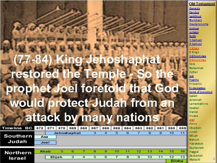 Old Testament (77 -84) King Jehoshaphat restored the Temple - So the prophet Joel