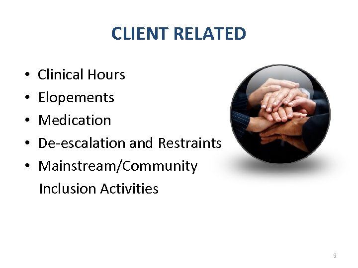 CLIENT RELATED • Clinical Hours • Elopements • Medication • De-escalation and Restraints •