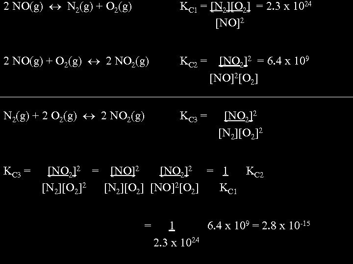 2 NO(g) N 2(g) + O 2(g) KC 1 = [N 2][O 2] =