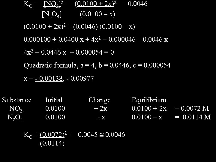 KC = [NO 2]2 = (0. 0100 + 2 x)2 = 0. 0046 [N