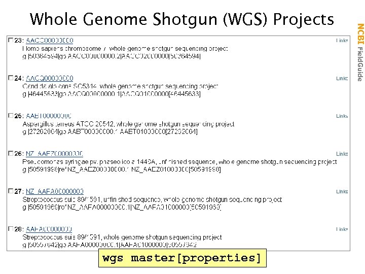 wgs master[properties] NCBI Field. Guide Whole Genome Shotgun (WGS) Projects 