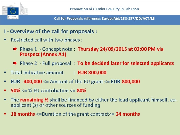 Promotion of Gender Equality in Lebanon Call for Proposals reference: Europe. Aid/150 -257/DD/ACT/LB I