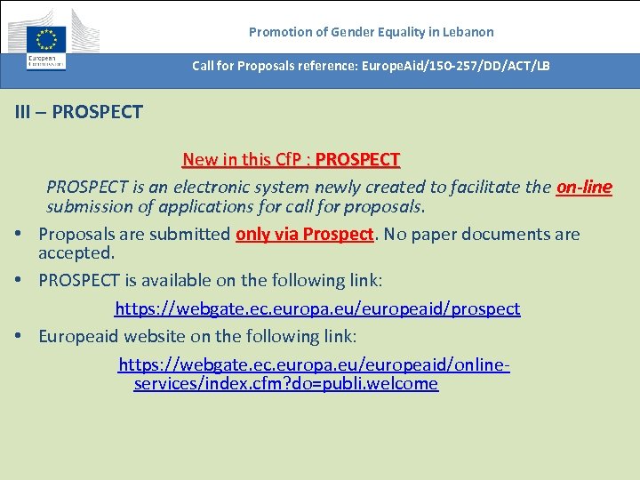 Promotion of Gender Equality in Lebanon Call for Proposals reference: Europe. Aid/150 -257/DD/ACT/LB III