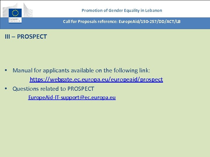 Promotion of Gender Equality in Lebanon Call for Proposals reference: Europe. Aid/150 -257/DD/ACT/LB III
