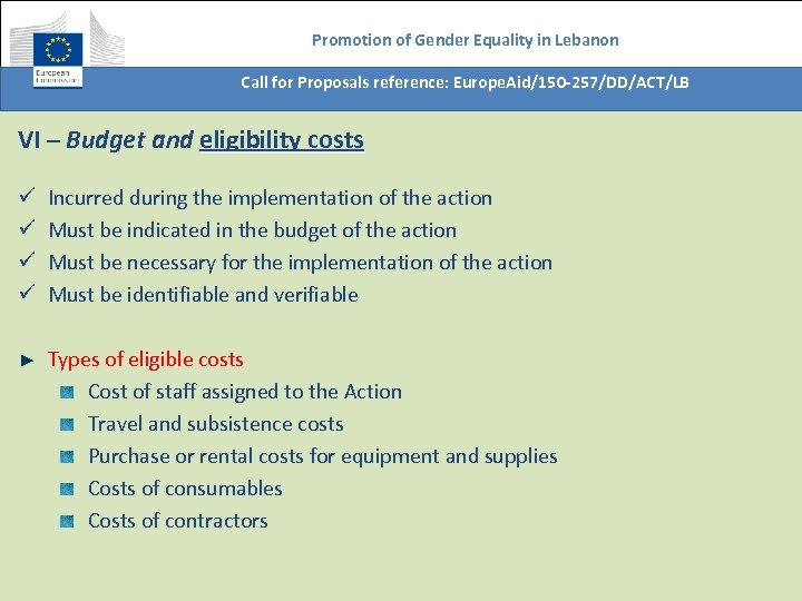 Promotion of Gender Equality in Lebanon Call for Proposals reference: Europe. Aid/150 -257/DD/ACT/LB VI