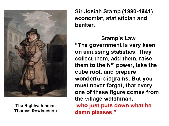 Sir Josiah Stamp (1880 -1941) economist, statistician and banker. The Nightwatchman Thomas Rowlandson Stamp’s