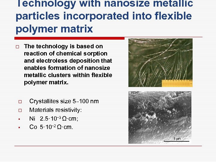 Technology with nanosize metallic particles incorporated into flexible polymer matrix o o o §