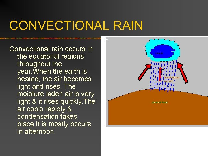 CONVECTIONAL RAIN Convectional rain occurs in the equatorial regions throughout the year. When the