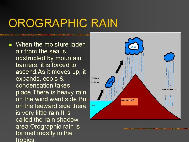 OROGRAPHIC RAIN n When the moisture laden air from the sea is obstructed by
