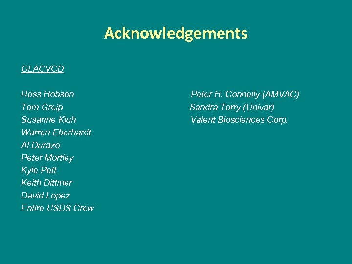 Acknowledgements GLACVCD Ross Hobson Tom Greip Susanne Kluh Warren Eberhardt Al Durazo Peter Mortley