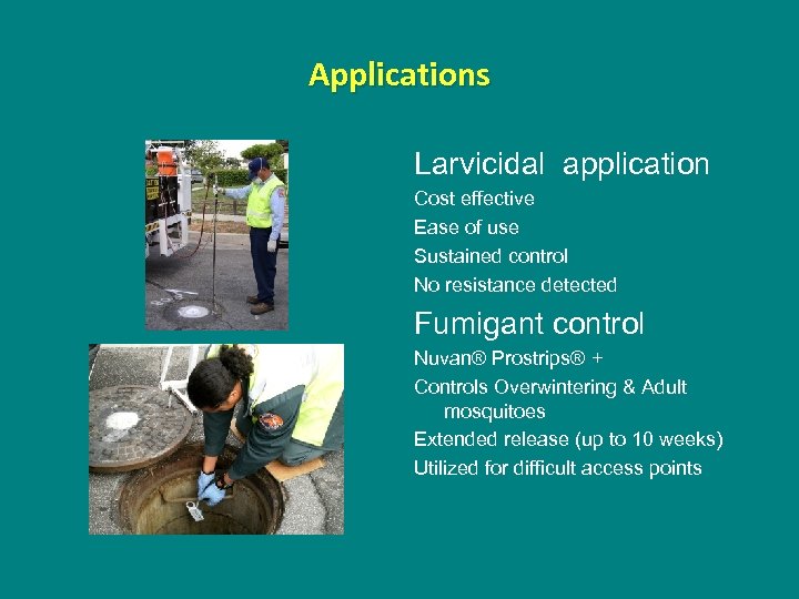 Applications Larvicidal application Cost effective Ease of use Sustained control No resistance detected Fumigant