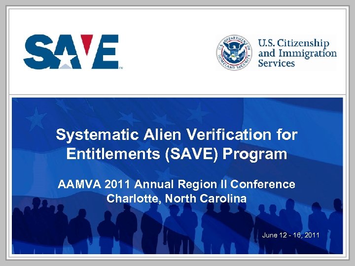 Systematic Alien Verification for Entitlements (SAVE) Program AAMVA 2011 Annual Region II Conference Charlotte,