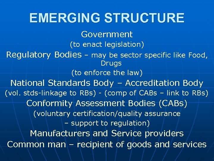 EMERGING STRUCTURE Government (to enact legislation) Regulatory Bodies – may be sector specific like