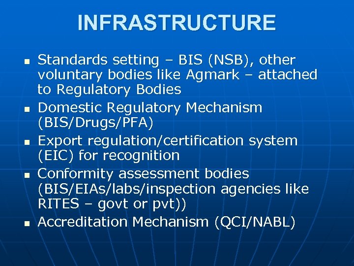 INFRASTRUCTURE n n n Standards setting – BIS (NSB), other voluntary bodies like Agmark