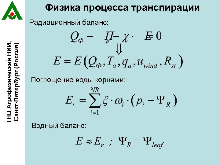 Физика процесса транспирации ГНЦ Агрофизический НИИ, Санкт-Петербург (Россия) Радиационный баланс: Поглощение воды корнями: Водный