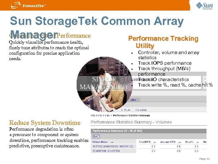 Sun Storage. Tek Common Array Optimize System Performance Manager health, Performance Tracking Quickly visualize