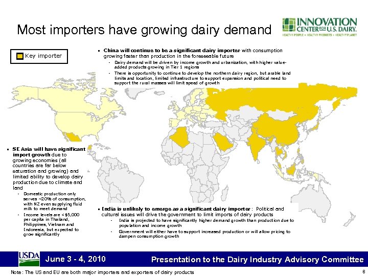 Most importers have growing dairy demand Key importer • China will continue to be