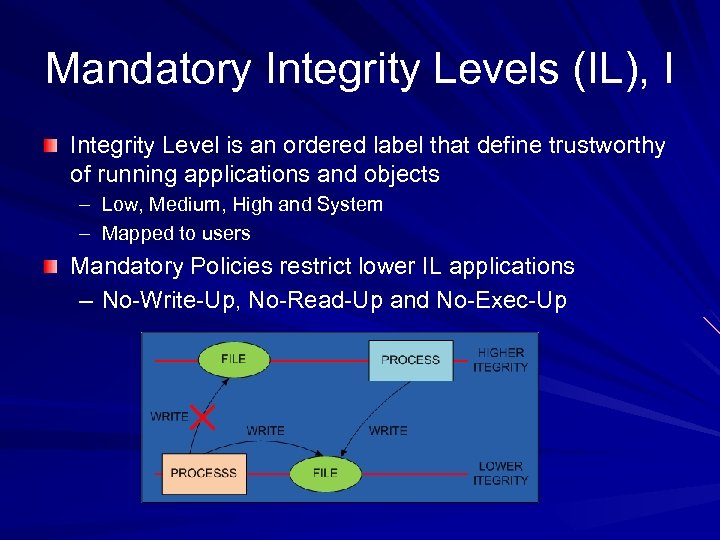 Mandatory Integrity Levels (IL), I Integrity Level is an ordered label that define trustworthy