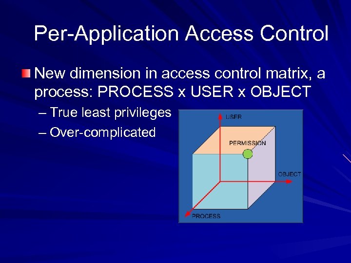 Per-Application Access Control New dimension in access control matrix, a process: PROCESS x USER