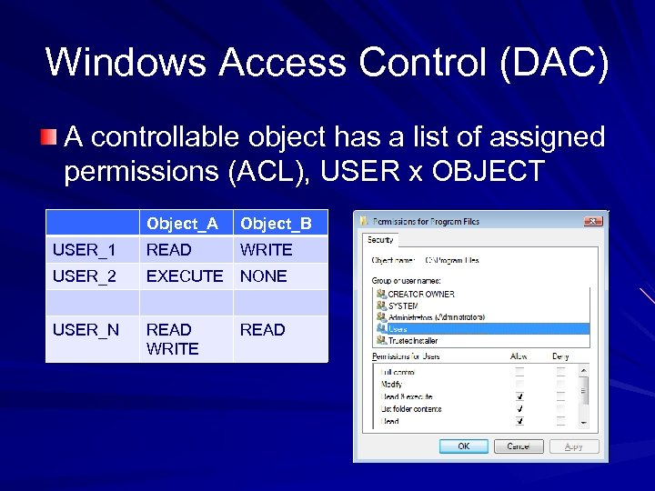 Windows Access Control (DAC) A controllable object has a list of assigned permissions (ACL),