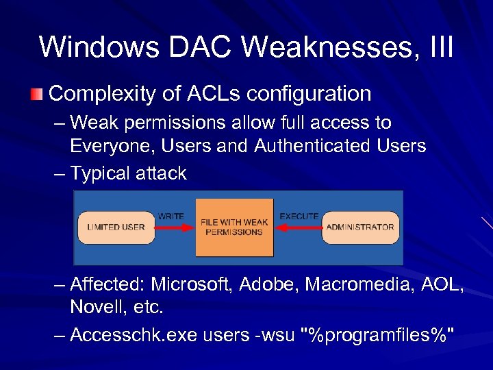 Windows DAC Weaknesses, III Complexity of ACLs configuration – Weak permissions allow full access