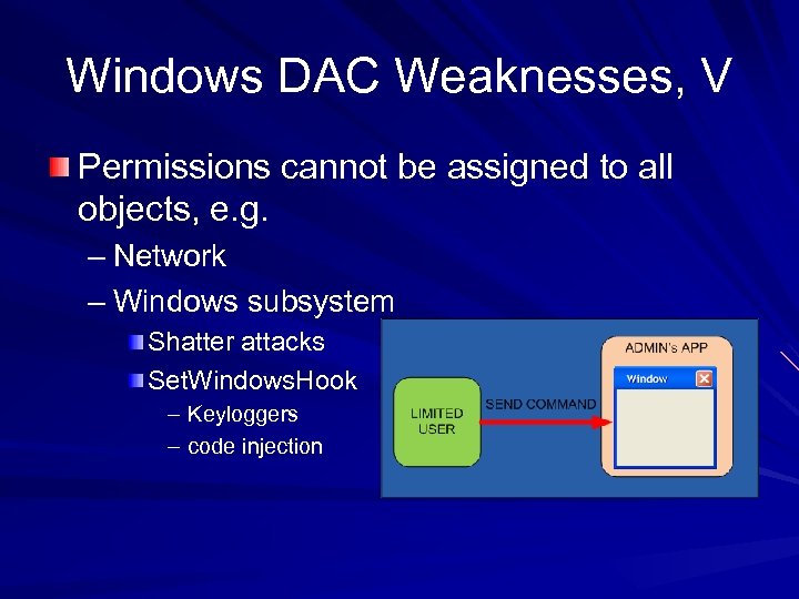 Windows DAC Weaknesses, V Permissions cannot be assigned to all objects, e. g. –