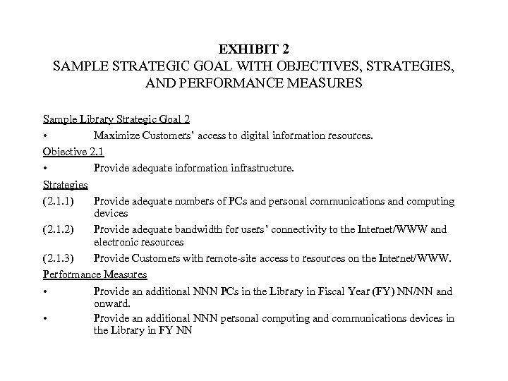 EXHIBIT 2 SAMPLE STRATEGIC GOAL WITH OBJECTIVES, STRATEGIES, AND PERFORMANCE MEASURES Sample Library Strategic