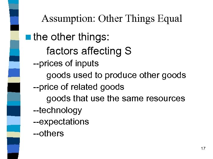 Assumption: Other Things Equal n the other things: factors affecting S --prices of inputs