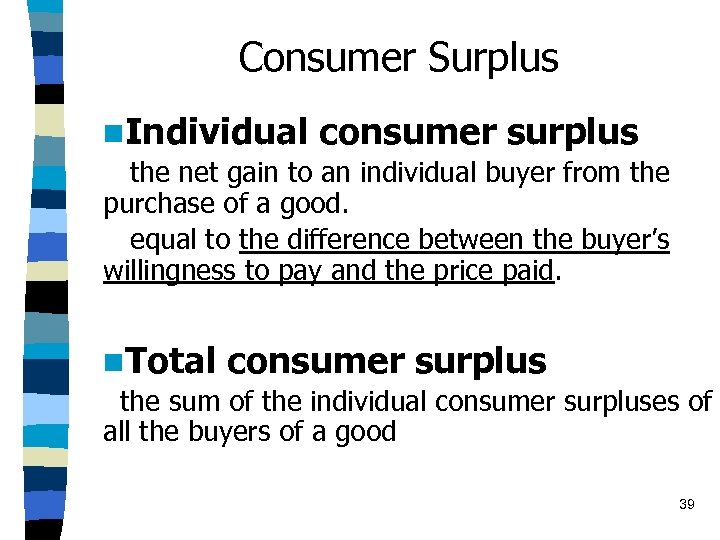 Consumer Surplus n. Individual consumer surplus the net gain to an individual buyer from