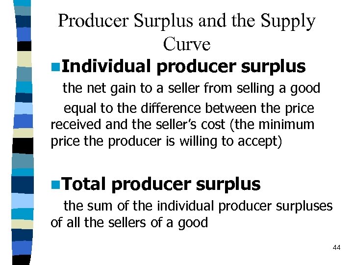 Producer Surplus and the Supply Curve n. Individual producer surplus the net gain to