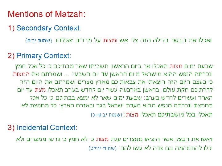 Mentions of Matzah: 1) Secondary Context: 2) Primary Context: 3) Incidental Context: 