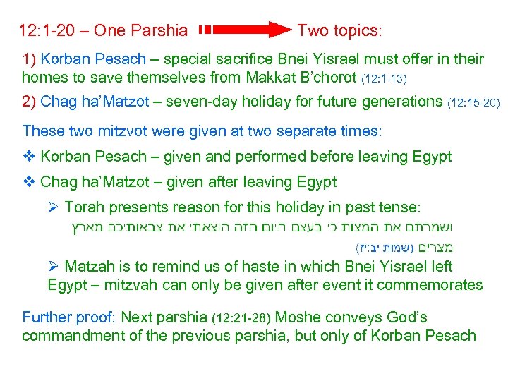 12: 1 -20 – One Parshia Two topics: 1) Korban Pesach – special sacrifice