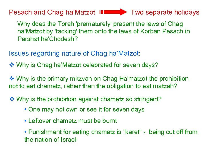 Pesach and Chag ha’Matzot Two separate holidays Why does the Torah 'prematurely' present the
